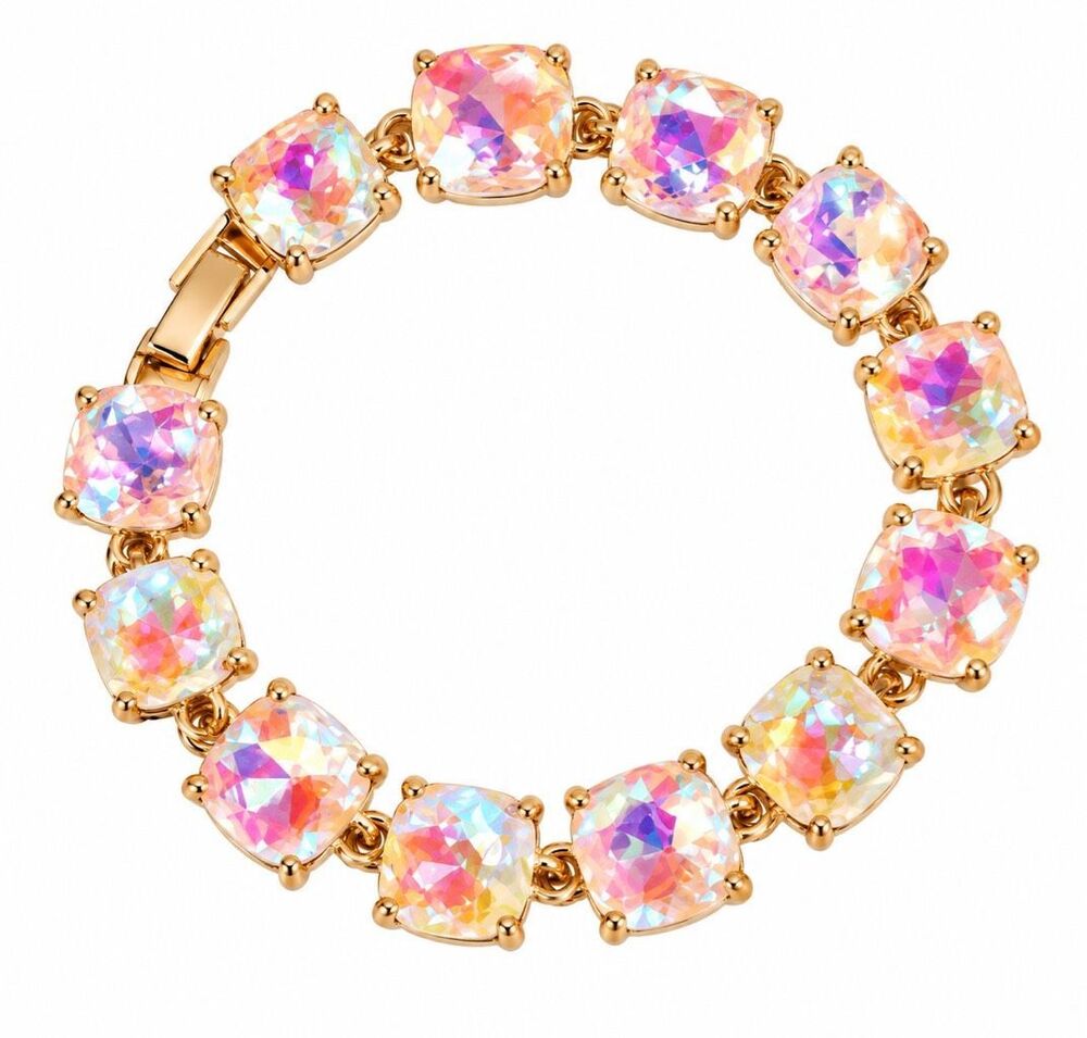 Iridescent AB Crystal Cushion Cut Gold Tone Tennis Statement Bracelet